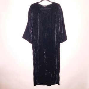 J. Peterman Crushed Velvet Maxi Dress Size L Black Kimono Sleeve Elegant Caftan